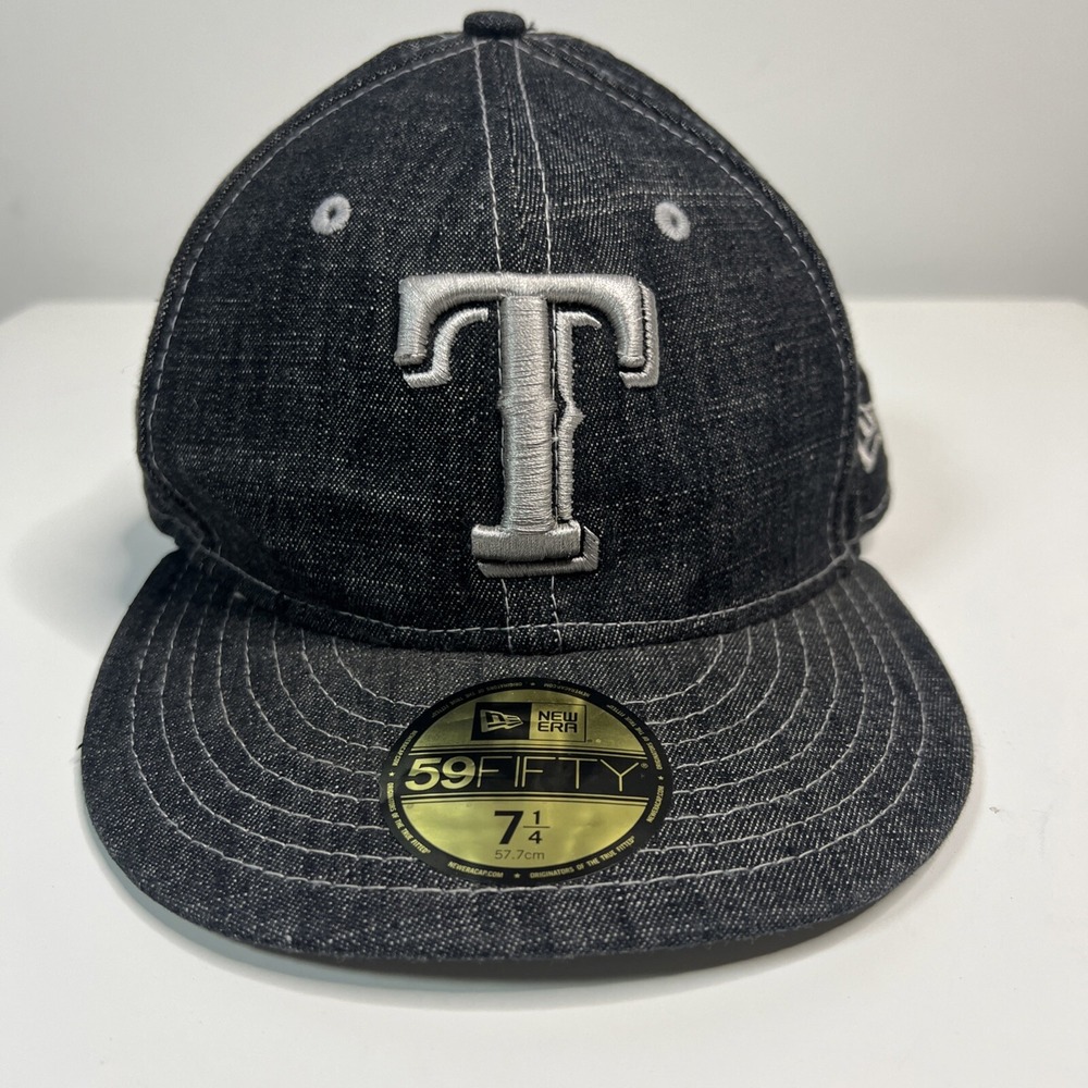 New Era 59FIFTY Texas Rangers Fitted Hat 7 1/4 Black Denim Cotton MLB Cap